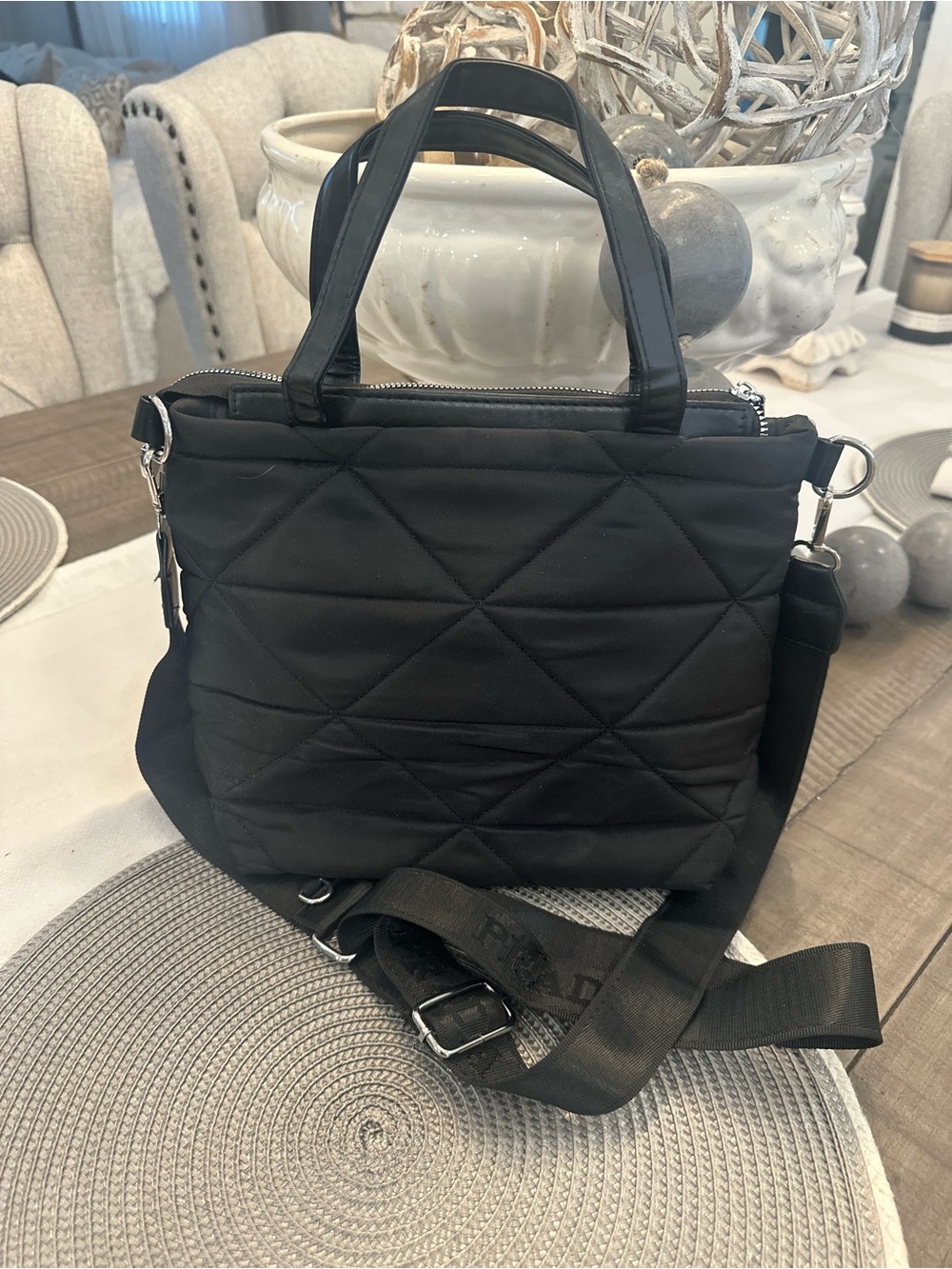 Black nylon silver tote medium crossbody bag handbag purse